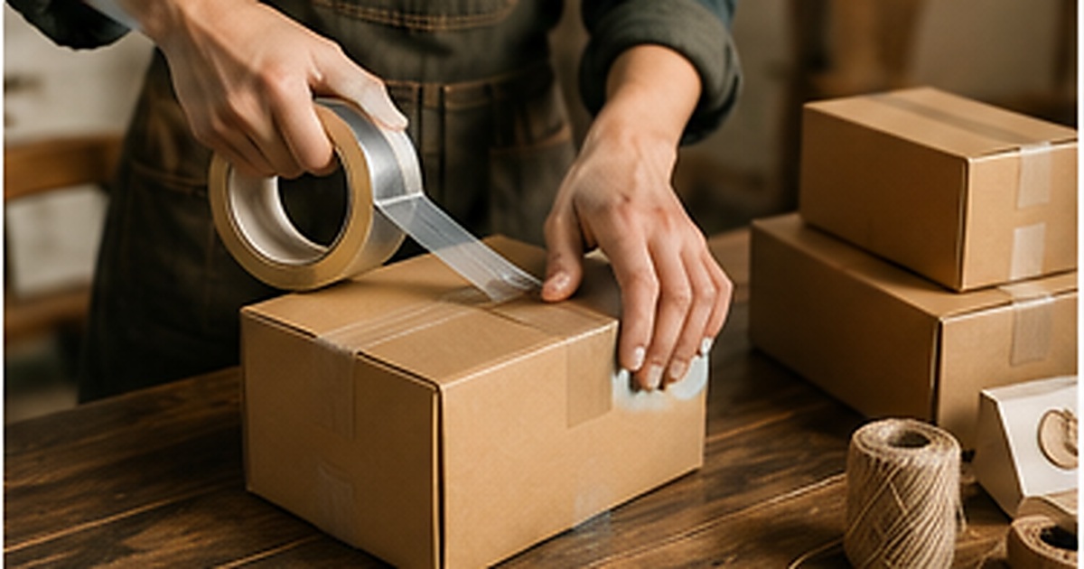 Independent Australian seller packing a local online marketplace order in a coastal Western Australian studio