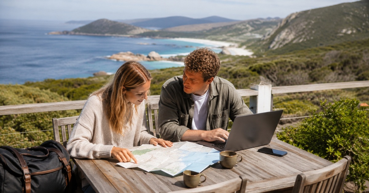 Travellers planning better-value trips in Australia with a map, laptop and coastal Western Australian setting