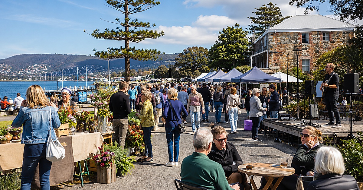 Albany waterfront community event with local market stalls, food and live music